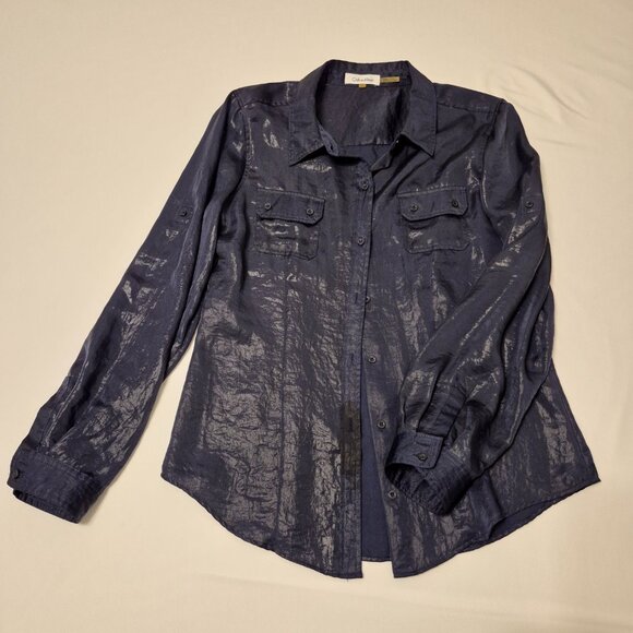 Calvin Klein Waxed Navy Blue Dress Shirt - Picture 6 of 7